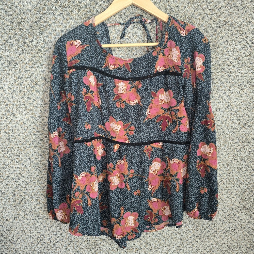 Knox Rose Top Womens Small Gray Pink Floral Boho Tie Blouse Casual Ladies